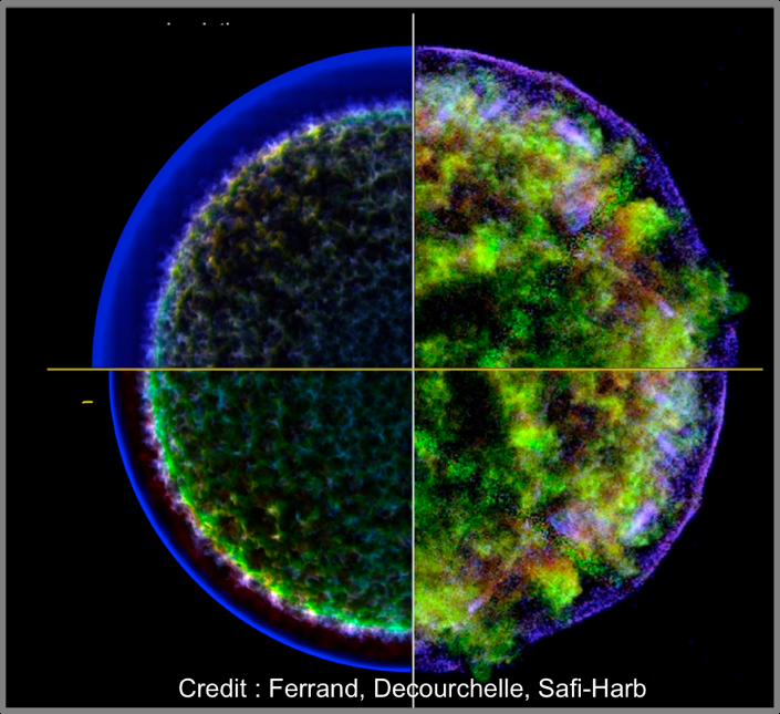 Left: 3D simulations of Tycho’s supernova remnant showing both thermal and nonthermal X-ray emission, with (bottom left) and without (top left) efficient particle acceleration at the shock front. Right: the south-western quadrant of Chandra three-color composite image of Tycho’s SNR