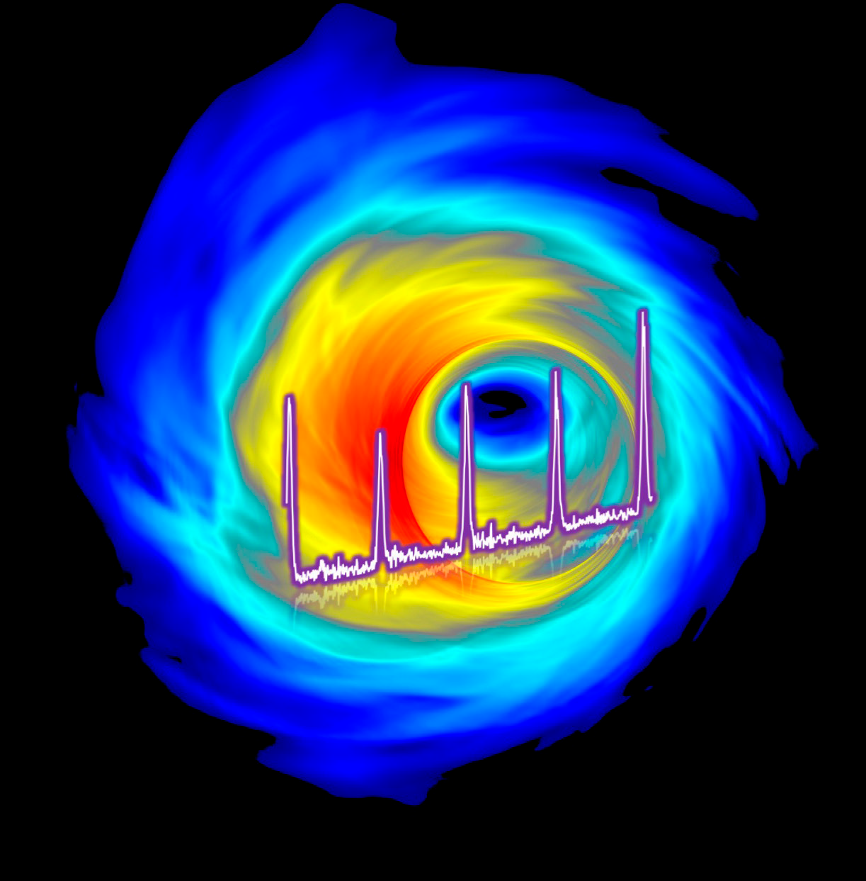 The background image is a numerical simulation of hot plasma swirling around an accreting black hole