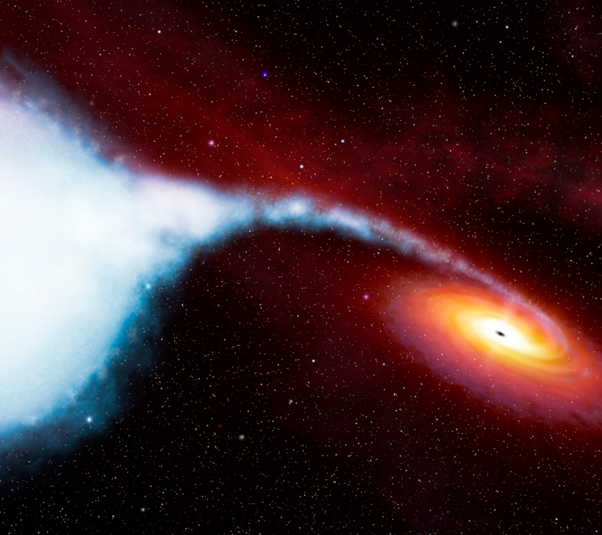 Artist’s impression of Cygnus X-1, formed by a stellar black hole pulling matter away from its blue supergiant companion star.