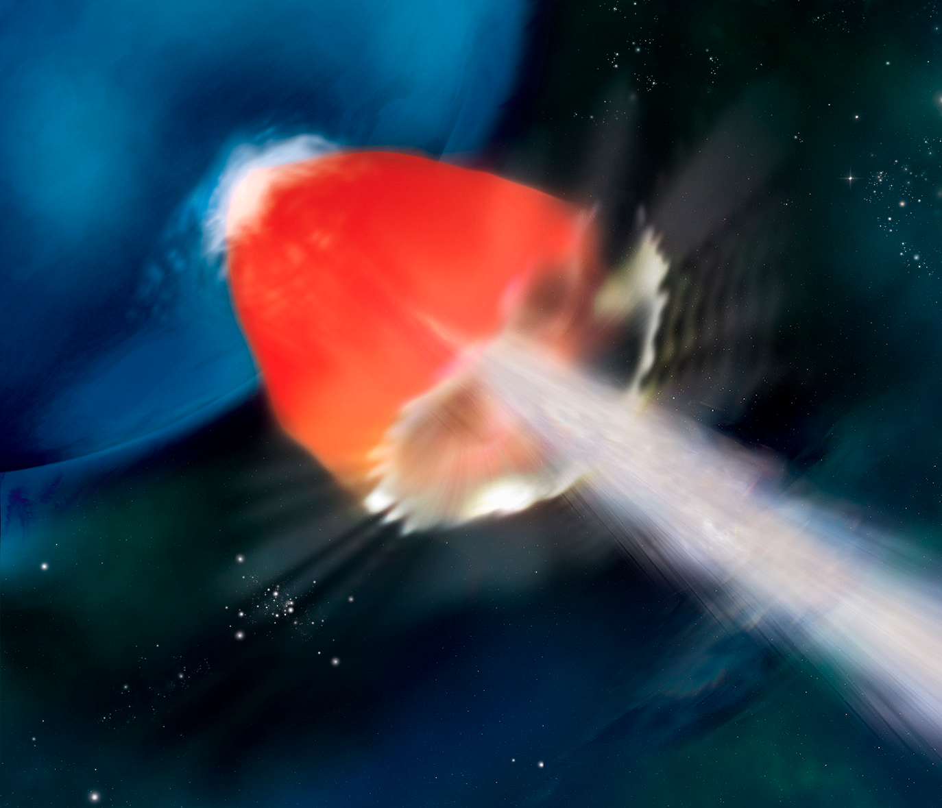 Artistic picture shows the jet piercing through the surface with an associated hot cocoon, both components producing X-ray emission. The figure shows Ultralong GRB light curves as opposed to normal GRB population in gray.